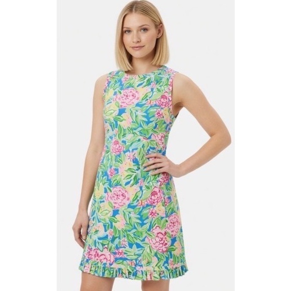 Lilly Pulitzer Sleeveless Floral Ruffle Hem Shift Dress Blue Pink Green Size 8
